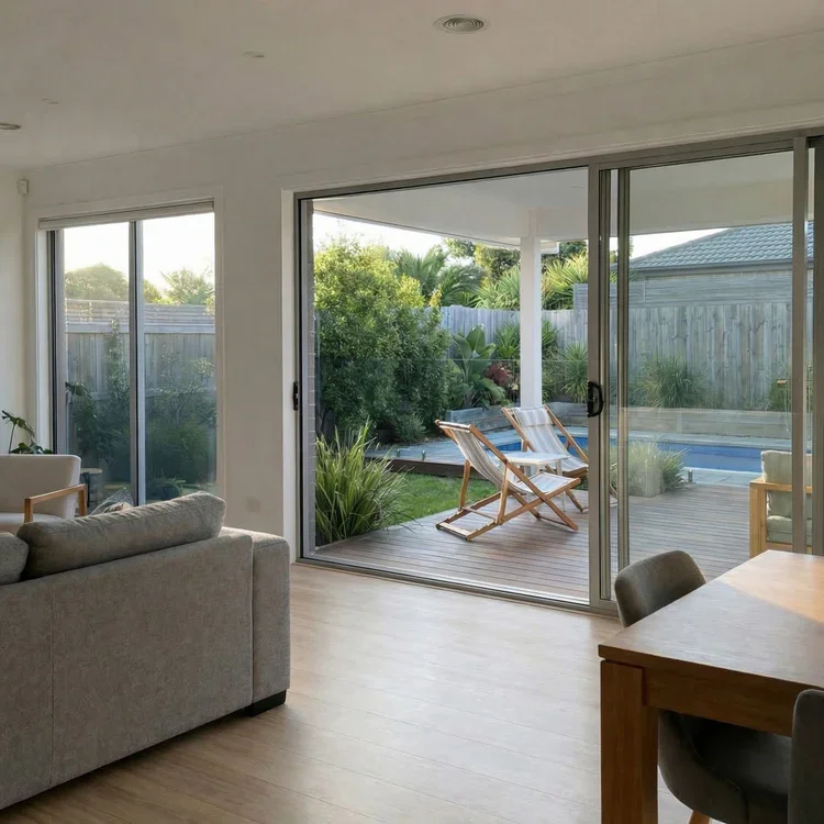 Bright room with clean glass doors opening to a pool