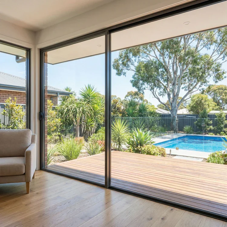 Clear sliding doors looking out onto a pool