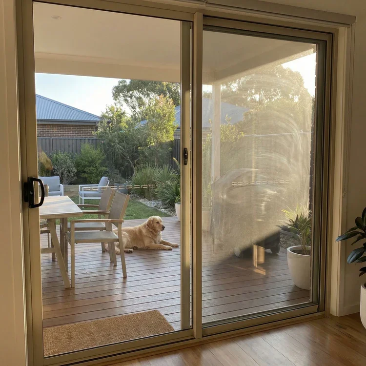 Sunlight revealing marks on an uncleaned glass door